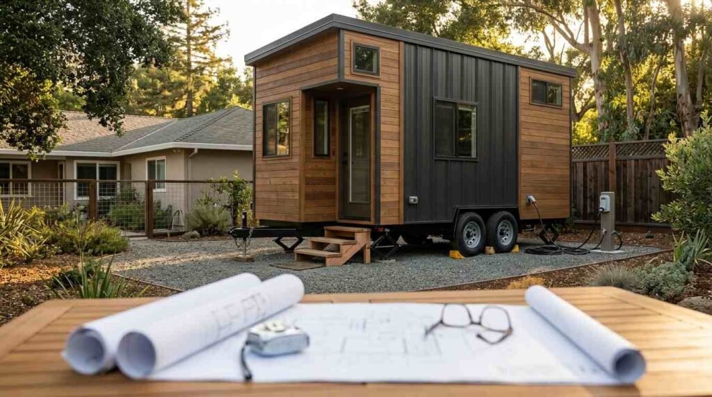 Site blueprints and reading glasses on table overlooking legally parked tiny house on wheels connected to backyard utility pedestal