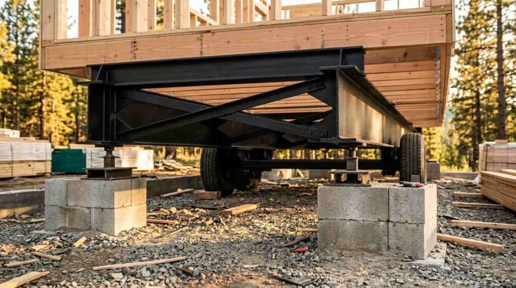 Heavy-duty steel I-beam chassis and framing of a tiny home or park model RV supported by adjustable screw jacks resting on concrete block piers.