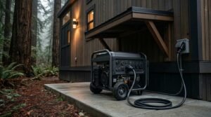 Portable backup generator sitting on a concrete pad under a wooden overhang, connected via a heavy-duty power cord to an exterior wall inlet box on a dark wood siding park model tiny home nestled among tall trees.