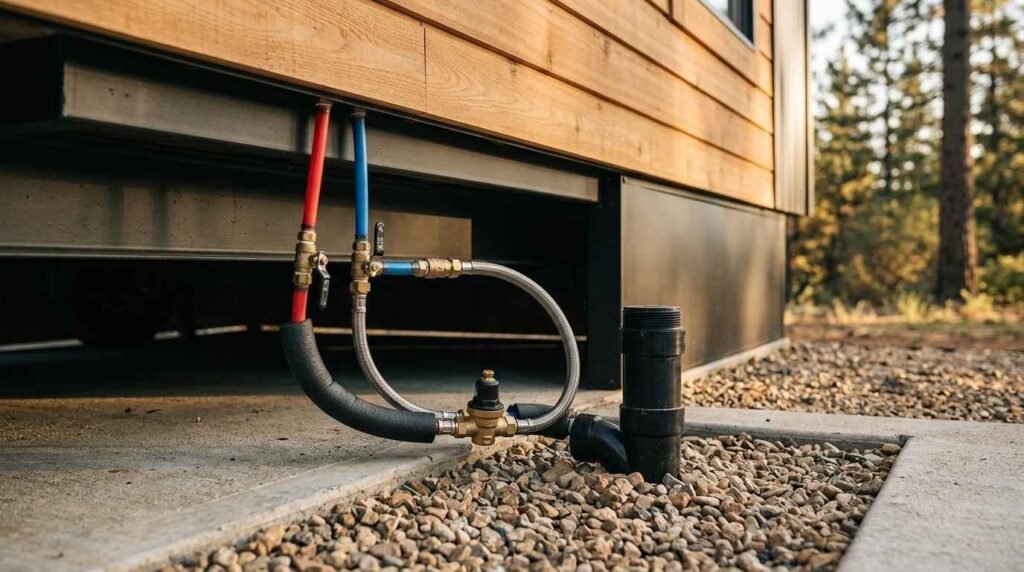 Exterior view of a tiny home plumbing hookup station featuring insulated hot and cold PEX water lines, a pressure regulator, and a black ABS drain pipe connected beneath the wooden chassis and cedar siding.