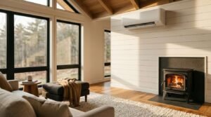 Modern living room interior featuring a wall-mounted ductless mini-split air conditioner unit, a wood-burning stove, hardwood floors, and large windows in a luxury tiny home or park model RV.