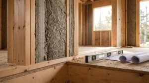 Mineral wool batt insulation installed between wooden wall studs inside a timber-frame construction home with architectural blueprints and a level on the subfloor.