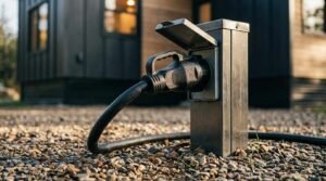 Heavy-duty electrical power cord securely plugged into a metal outdoor utility pedestal with an open protective cover, standing on a gravel ground in front of a modern tiny home.