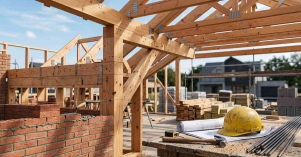 Timber framing, brickwork, and construction materials at a residential building site.