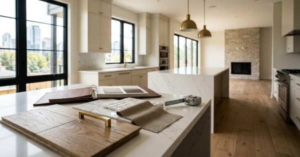 Modern kitchen with interior design samples and renovation planning materials on the countertop.