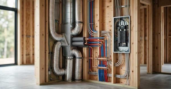 Exposed HVAC ductwork, plumbing pipes, and electrical panel installed inside a new home under construction.