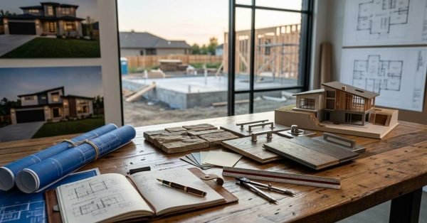 Home construction planning desk with blueprints, material samples, and a house model overlooking a new build site.