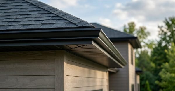 Close-up of a home's roof, gutters, soffit, and exterior siding showcasing completed exterior construction.