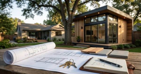 Architectural plans, material samples, keys, and a notebook on a table in front of a newly completed backyard accessory dwelling unit (ADU), showcasing the planning and construction process.