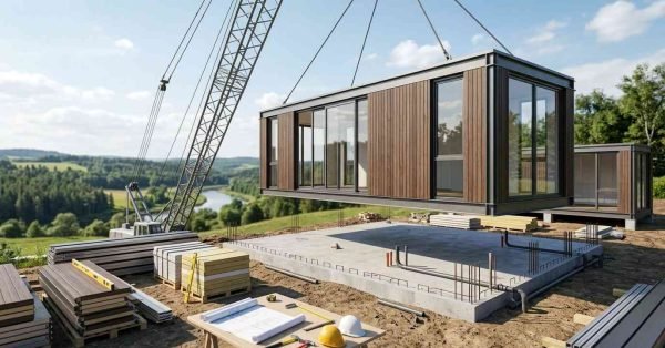 Crane installing a modern prefab home on a prepared foundation.