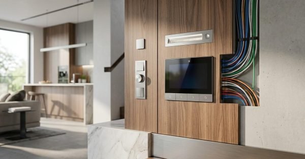 Smart home control panel with integrated wiring in a modern home.