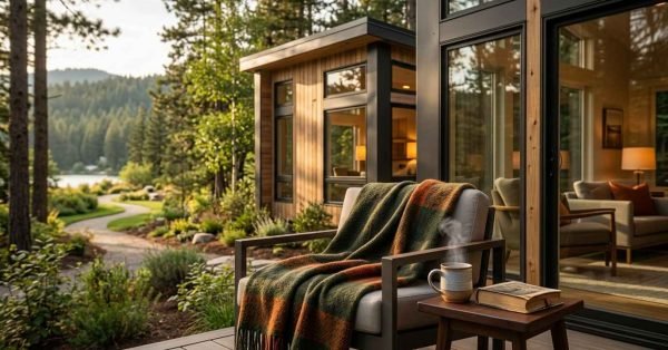 Modern park model home with a cozy outdoor seating area and landscaped surroundings.