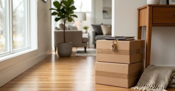 Moving boxes with house keys inside a new home, symbolizing move-in day and home warranty completion.