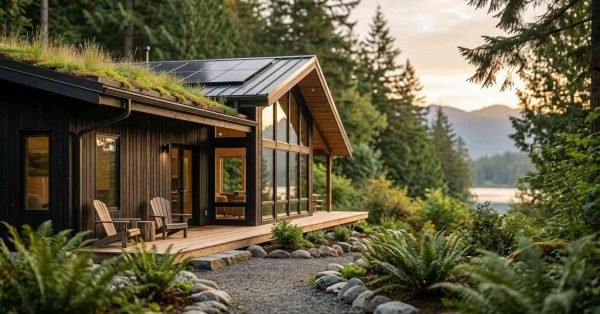 Modern energy-efficient home with solar panels and a green roof in a forest setting.