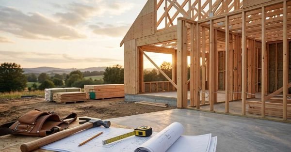 Wood-framed house under construction with building plans and tools in the foreground.