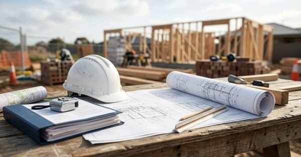 Construction plans, permits, and a hard hat on a table at a residential building site.
