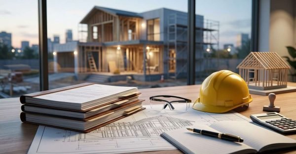 Construction documents, blueprints, and safety equipment for planning home building insurance, taxes, and legal requirements.