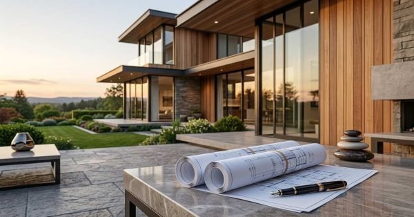 Modern custom home with architectural plans, highlighting long-term value and return on investment in new construction.