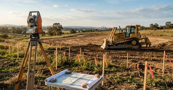 Survey equipment and site plans at a residential land preparation site.