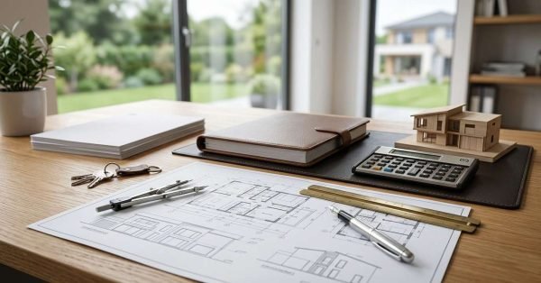 House plans, calculator, and budget documents for home construction financing.