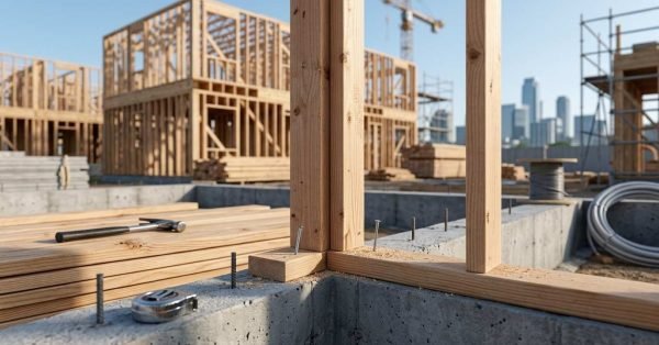 Timber wall framing installed on a concrete foundation at a residential construction site.