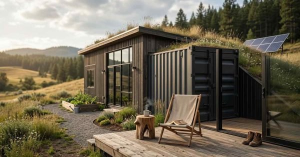 Modern specialty home with sustainable design, container-style extension, green roof, and solar panels.