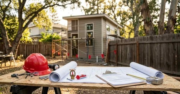 Red safety hard hat, fire sprinkler head, and inspection blueprints on jobsite table in front of ADU construction