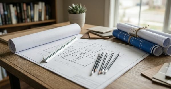 Architect's wooden drafting table displaying detailed ADU floor plan blueprints, an aluminum triangular scale ruler, a set of drafting pencils, rolled white and blue print sets tied with twine, material finish swatches, and a potted succulent next to a bookshelf.