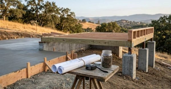 Hillside construction site illustrating ADU foundation options: contrasting a flat poured concrete slab with an elevated pier-and-beam system on concrete footings, complete with rolled schematics and a soil sample jar.
