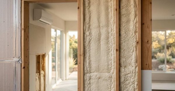 Spray foam insulation applied to timber stud walls with mini-split heat pump for ADU climate control