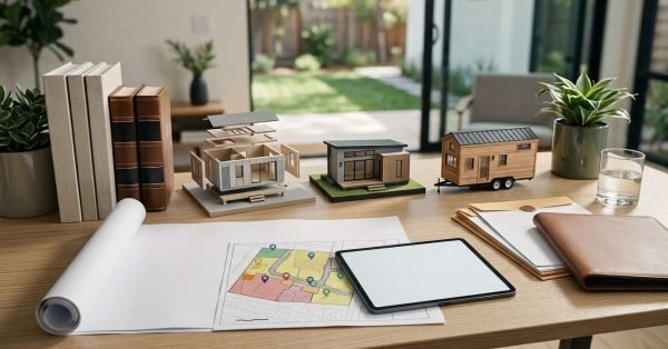 Desk displaying state ADU zoning maps, digital tablet, legal law books, and three architectural models: prefab modular, detached ADU, and tiny home on wheels.