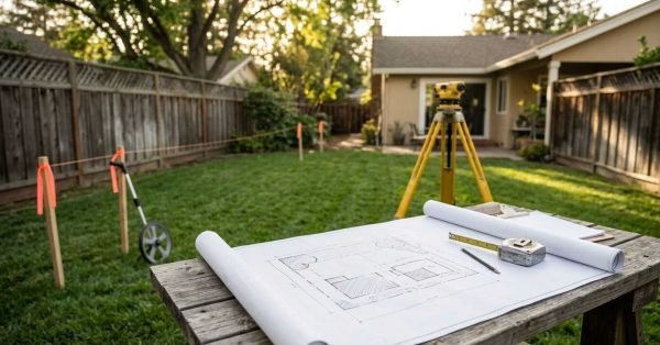 Property boundary survey with blueprints, transit level, and setback boundary stakes for backyard ADU planning