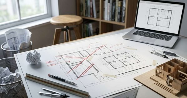 Drafting desk showing ADU floor plans marked with redline size revisions, open laptop with CAD schematics, and a wooden architectural scale model.