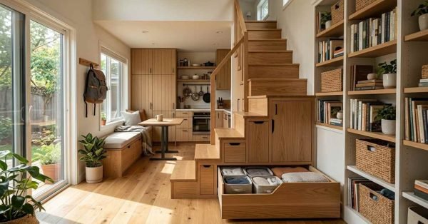 Under-stair storage drawers and built-in bookshelf in a modern compact ADU interior