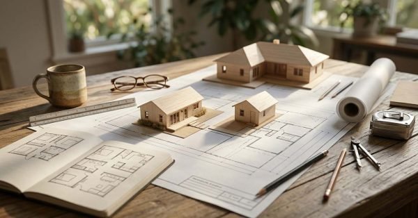 Miniature wooden architectural models of a main house, cottage, and ADU guest house on blueprint plans