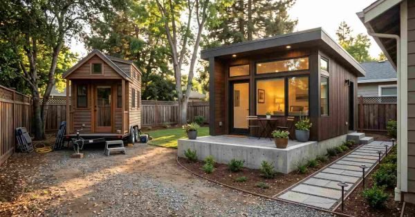 Modern permanent backyard ADU on concrete foundation next to a moveable tiny house on wheels