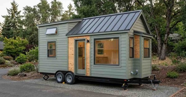 Tiny house on wheels built with lightweight durable materials including steel framing, metal roofing, resilient siding, energy-efficient windows, plywood interiors, and vinyl flooring.