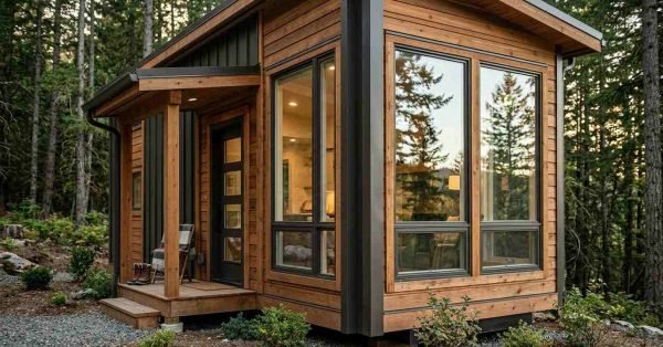 Modern wood-and-black trimmed park model home featuring large energy-efficient picture windows, casement sashes, and a full-lite glass entry door opening onto a covered timber front porch in an evergreen pine forest.