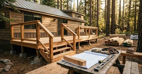 Newly constructed freestanding wooden deck with steps, handrails, and balusters adjoining a wood-sided park model home set on concrete deck blocks, with deck construction blueprints, a spirit level, measuring tape, tool pouch, work gloves, and a hard hat arranged on a foreground wooden picnic table alongside stacks of lumber in a forest clearing.
