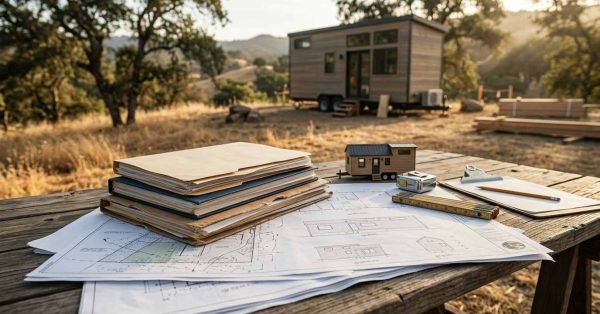 California zoning law code books, permit blueprints, and miniature tiny home model on rustic table overlooking moveable tiny house
