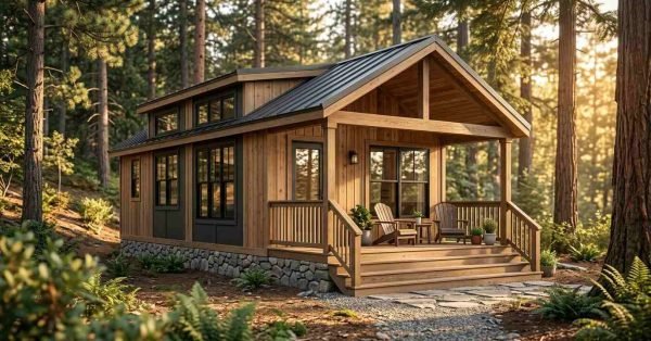 Modern wood-sided park model home with a pitched metal roof, stone-finish skirting, and an integrated covered front porch featuring Adirondack chairs nestled in a sunlit pine forest setting.