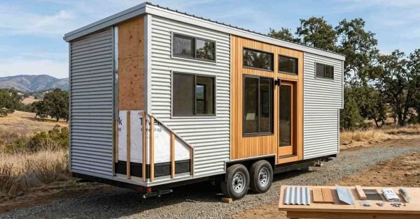 California tiny home on wheels with lightweight corrugated steel and cedar cladding, ventilated rainscreen, weather barrier, flashing and wildfire-conscious exterior detailing.