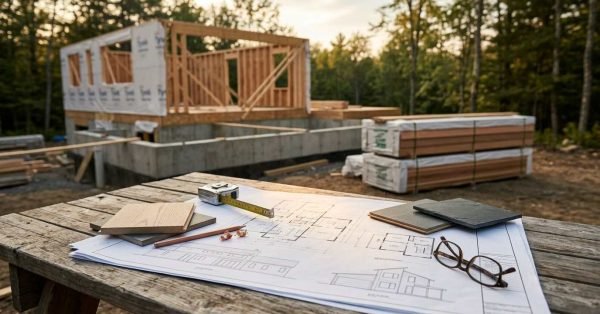 Residential home construction site with building plans, material samples, and measuring tools displayed in front of a custom home framing project.