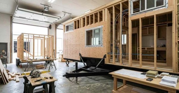 Tiny home on wheels under construction showing professional structural craftsmanship, organized systems, and a separate DIY work area with tools and materials for comparison.
