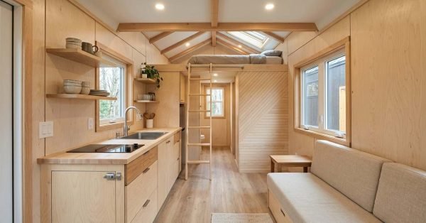 Tiny home on wheels interior featuring lightweight plywood walls, wood accents, luxury vinyl flooring, custom cabinetry, butcher-block countertop, durable finishes, and warm natural lighting.