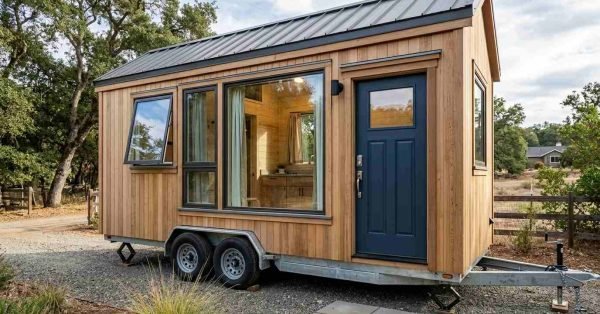 Tiny home on wheels with energy-efficient double-pane windows, ventilation windows, insulated entry door, secure hardware, flashing, weather seals, and durable mobile-home detailing.