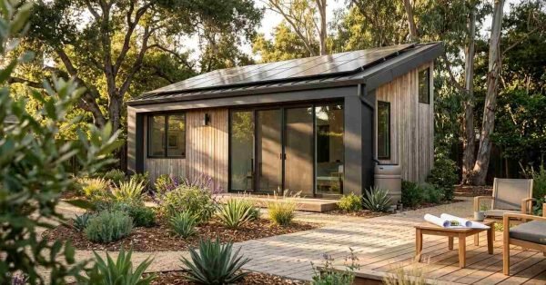 Eco-friendly modern ADU featuring rooftop solar panels, rainwater collection barrel, wood decking, and drought-tolerant landscaping
