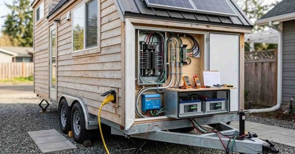 Tiny home on wheels with engineered electrical panel, shore-power connection, rooftop solar, inverter-charger, battery storage, and protected wiring designed for mobile use.