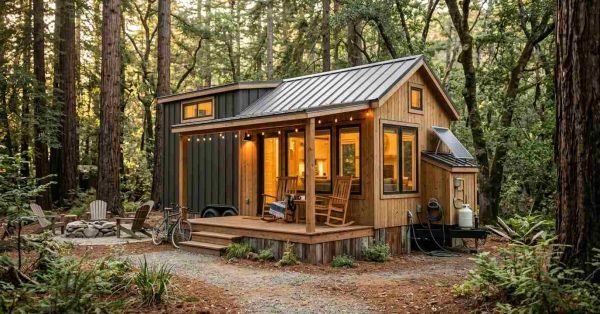 A modern park model tiny home with natural wood siding, dark metal roof, and a front porch situated in a tranquil redwood forest setting.