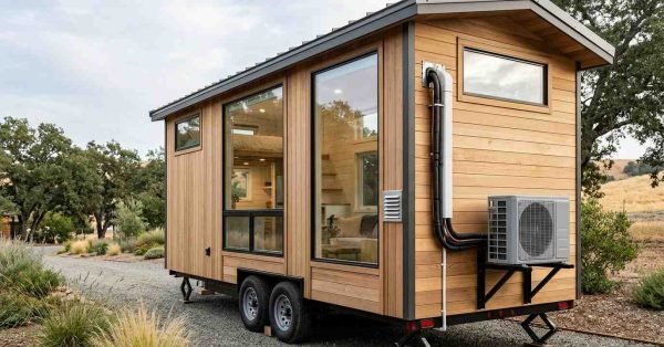 Tiny home on wheels with a ductless mini-split heat pump, insulated envelope, energy-efficient windows, ventilation system, and climate-control features for year-round comfort.